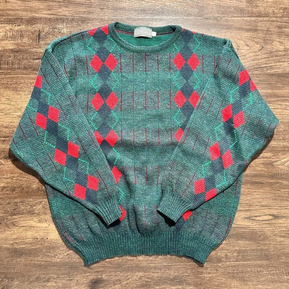 VINTAGE EATON BIRKDALE Green Red Argyle Sweater Made in UK - Large